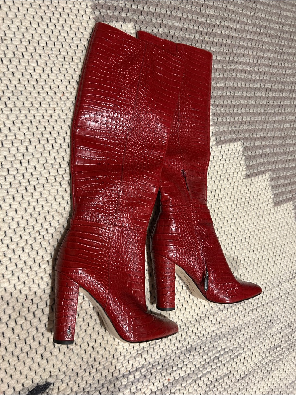 Sam Edelman Red Croc-Embossed Knee-High Block Heel Boots